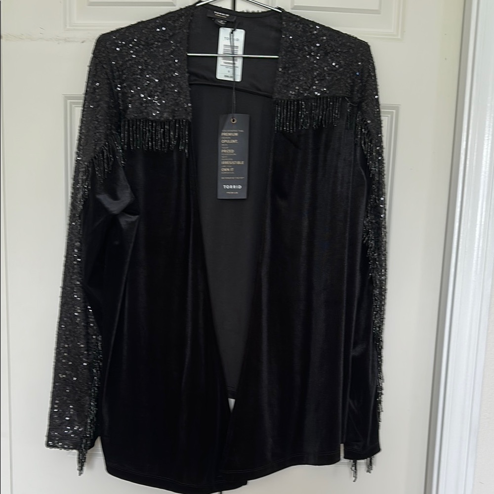 Torrid Black Sequin jacket Fringe beading Open Jacket Elegant velvet NWT
